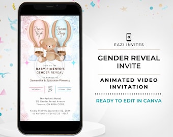 May include: A gender reveal invitation with a cartoon teddy bear holding pink and blue balloons. The invitation includes the text "Join us for Baby Pimento's Gender Reveal" and the date and time of the event.