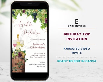 Modelo de vídeo de convite de fim de semana de aniversário de vinícola Vinhedo | Aniversário animado editável digital convite móvel viagem para meninas