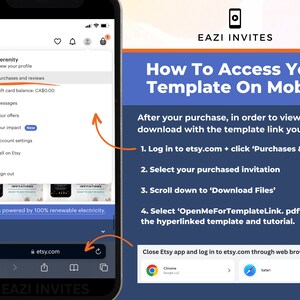 May include: A smartphone screen displays the Etsy app, showing the user's profile and instructions on how to access a template after purchase. The text reads "How To Access Your Template On Mobile".