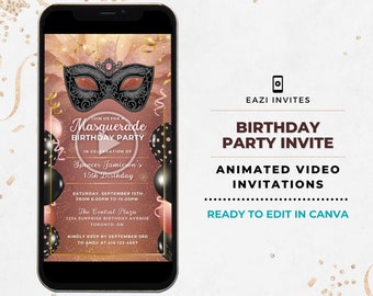 Masquerade Party Invitation Template | Birthday | Animated Video Editable Digital Evite Invite Mobile Custom Any Age I Rose Gold and Black