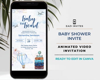 Travel Baby Shower Invite Video Template | with Music | Adventure Awaits World Map Globe Suitcase | Invitation Text Mobile Phone | Blue Boy