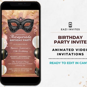 Masquerade Party Invitation Template | Birthday | Animated Video Editable Digital Evite Invite Mobile Custom Any Age I Rose Gold White Black