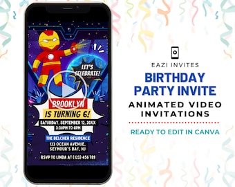Superhero Birthday Party Invitation Template Animated Video Editable Digital Evite Electronic Invite Phone Kids Childrens Man Iron Inspired