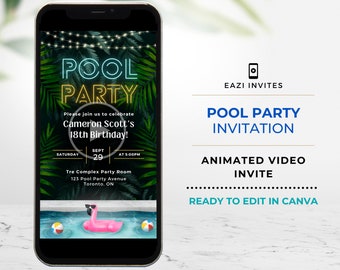 Neon Pool Party Invitation Template I Any Occassion Birthday Retirement Graduation I Video Invite Editable Digital Electronic Invite Phone