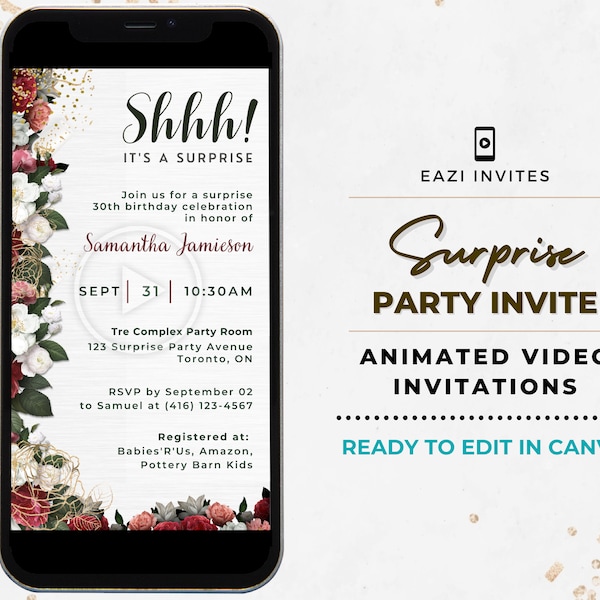 Shhh It's a Surprise Party Invitation Birthday Template Video Floral Gold Editable Digital Evite Electronic Invite Phone Flowers Brunch Gals