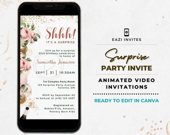 Shhh It's a Surprise Party Invitation for Birthday, Baby Shower, Bridal Shower Template Invite Rose Gold Pink Editable Digital Floral Gals