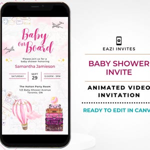 May include: A pink and white baby shower invitation featuring a hot air balloon and suitcases. The text reads "Baby on Board" and "Please join us for a baby shower honouring Samantha Jamieson". The date is 29th September, 12:00PM-5PM. The location is The Halton Party Room, 123 Baby Shower Avenue, Toronto, ON.