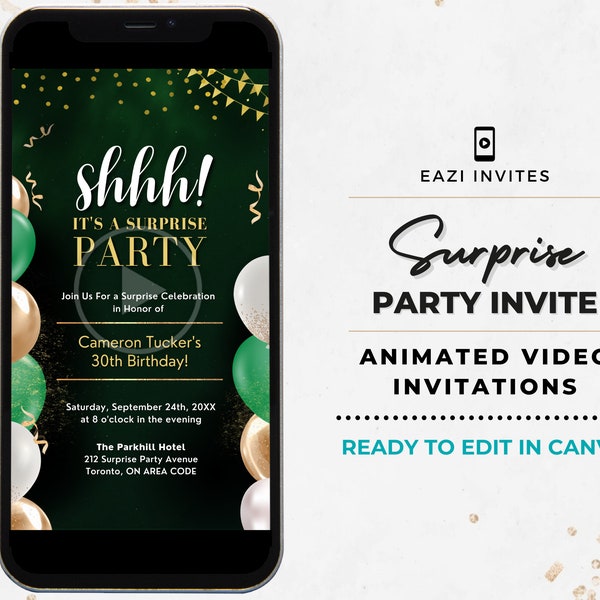 Shhh It's a Surprise Party Invitation Birthday Template Video Invite Black Green Gold Editable Digital Evite Electronic Invite Phone Adult