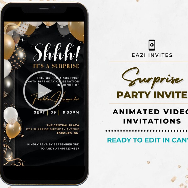 Shhh It's a Surprise Party Invitation Template I Any Occassion: Bday Retirement Grad I Video Invite Editable Digital Electronic Invite Phone