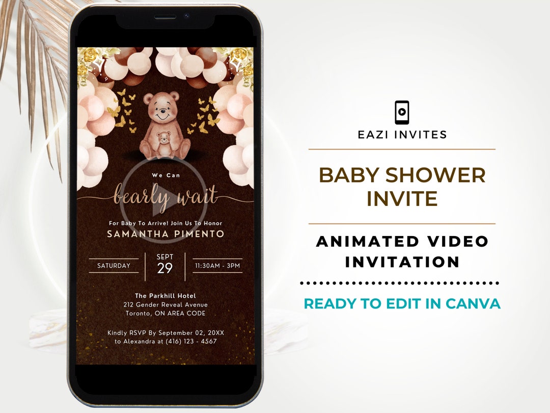 Baby Shower Invitation Video Template With Music Bear Brown Balloon