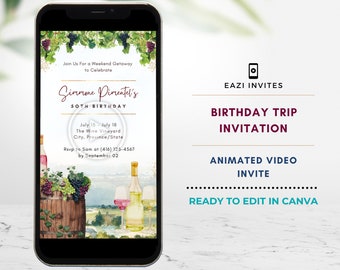 Modelo de vídeo de convite de fim de semana de aniversário de vinícola Vinhedo | Aniversário Digital Editável Animado Evite Convite Móvel Personalizado