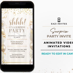 Shhh It&#39;s a Surprise Party Invitation Template I Any Occassion Birthday Retirement Grad etc. Video Invite Editable Digital Evite Phone Pearl