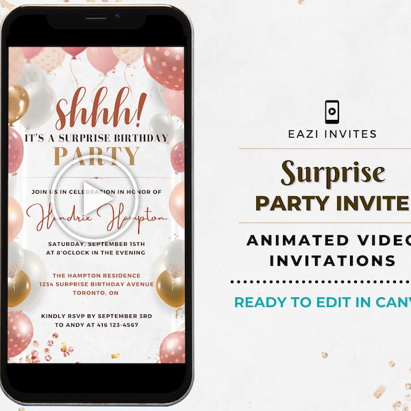 Shhh It's a Surprise Party Invitation for Birthday, Baby Shower, Wedding Shower Template Video Invite Rose Gold Pink Editable Digital Evite