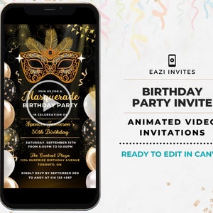 Masquerade Party Invitation | Birthday | Template Animated Video Editable Digital Evite Electronic Invite Mobile Custom Any Age Black Gold