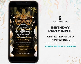 Masquerade Party Invitation | Birthday | Template Animated Video Editable Digital Evite Electronic Invite Mobile Custom Any Age Black Gold