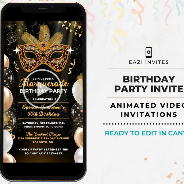 Maskerade Party Einladung | Geburtstag | Vorlage Animiertes Video Bearbeitbar Digital Evite Elektronische Invite Mobile Individuell Jedes Alter Schwarz Gold