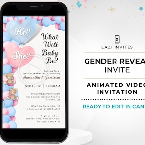 Modèle vidéo d'invitation à révéler le sexe | avec musique | Ballons roses bleus| Invitation personnalisée électronique de téléphone portable avec texte numérique modifiable Evite