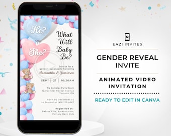 Gender Reveal Invitation Video Template | with Music | Blue Pink Balloons| Electronic Evite Editable Digital Text Mobile Custom Phone Invite