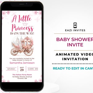 Princess Baby Shower Invite Video Little Girl Template | with Music | Pink | Evite Editable Digital Text Mobile Custom Phone | Baby Girl