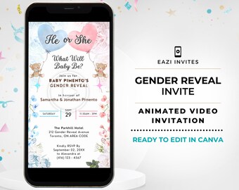 May include: A gender reveal party invitation with a blue and pink heart balloon design. The invitation includes the text "He or She What Will Baby Be?" and details about the event, including the date, time, and location. The invitation is ready to be edited in Canva.