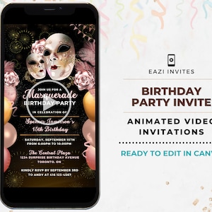 Masquerade Party Invitation | Birthday | Template Animated Video Editable Digital Evite Electronic Invite Mobile Custom Any Age Rose Gold