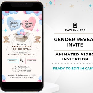 Gender Reveal Invitation Video Template | with Music | Blue Pink | Electronic Evite Editable Digital Text Mobile Custom Phone Teddy Bear