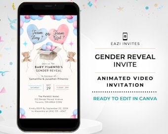 Gender Reveal Invitation Video Template | with Music | Blue Pink | Electronic Evite Editable Digital Text Mobile Custom Phone Teddy Bear