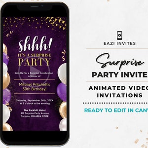 Shhh It&#39;s a Surprise Party Invitation Template I Any Occassion: Birthday Retirement Grad & etc I Video Invite Editable Digital Evite Phone