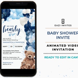 Modello video per invito baby shower / con musica / Orso blu navy bianco con palloncino / Testo digitale modificabile Evite elettronico personalizzato su dispositivo mobile