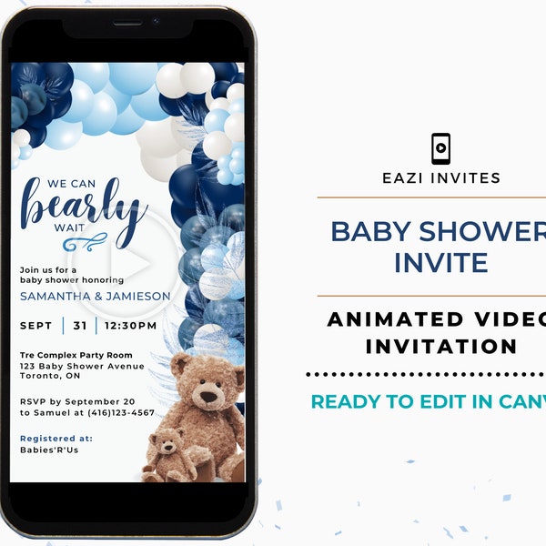 Baby Shower Invitation Video Template | with Music | Bear Navy Blue White Balloon Boy | Electronic Evite Editable Digital Text Mobile Custom