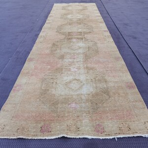 Tapis de course turc blush, tapis de course oushak neutre, tapis de course en laine vieillie 3,41 x 12,43 pieds, tapis de passage vintage délavé, tapis de passage en laine fait main