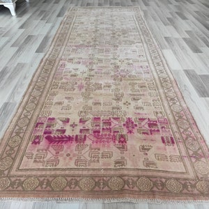 tapis vintage en laine turque - design oriental élégant bordé, 3,77&#39;x 10,33&#39; chemin de table en laine délavée, chemin de roulement neutre, tapis vintage en laine livraison gratuite