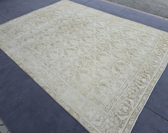 Tapis turc vintage 9x12, tapis Oushak aux tons neutres délavés, tapis surdimensionné en laine fait main, tapis crème ivoire à motifs d'oiseaux et de fleurs, tapis de palais