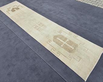 Dywan Vintage Turkish Oushak Runner – 2,85 x 12,99 stóp | Neutralny beżowy i kremowy wyblakły orientalny dywan wełniany | Długi dywanik kuchenny do przedpokoju