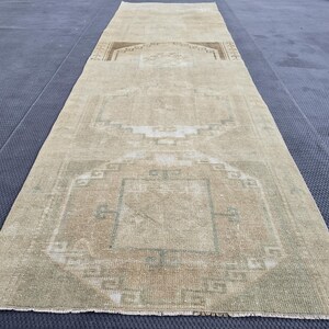 Tapis de course en laine vintage délavé - 3,61 x 11,65 pieds de large turc, tapis de course neutre oushak, tapis de course turc délavé, tapis de course fait main