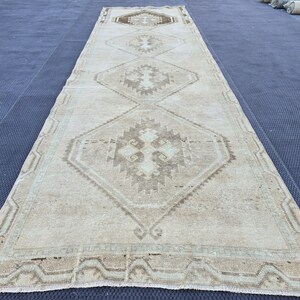 Distressed Turkish Runner, 3.74x12.53 feet Oushak Wool Runner, Neutral Vintage Runner, Handmade Runner Rug, Faded Vintage Runner