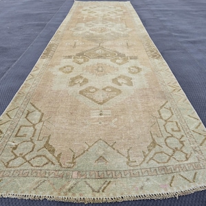3.35&#39; x 11.71&#39; Neutral Runner Rug, Oushak Runner, Vintage Anatolian Runner, Rug For Entryway, Bohemian Runner, Brown Oushak Runner