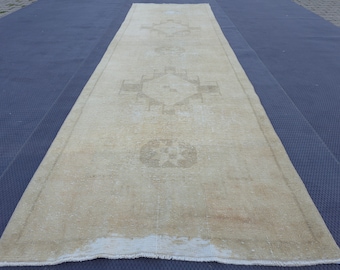 Neutral Turkish Runner, 3.77&#39; x 12.46&#39; Neutral Oushak Runner, Vintage Rug Runner, Distressed Runner, Rug For Entryway, Narrow Vintage Rug,