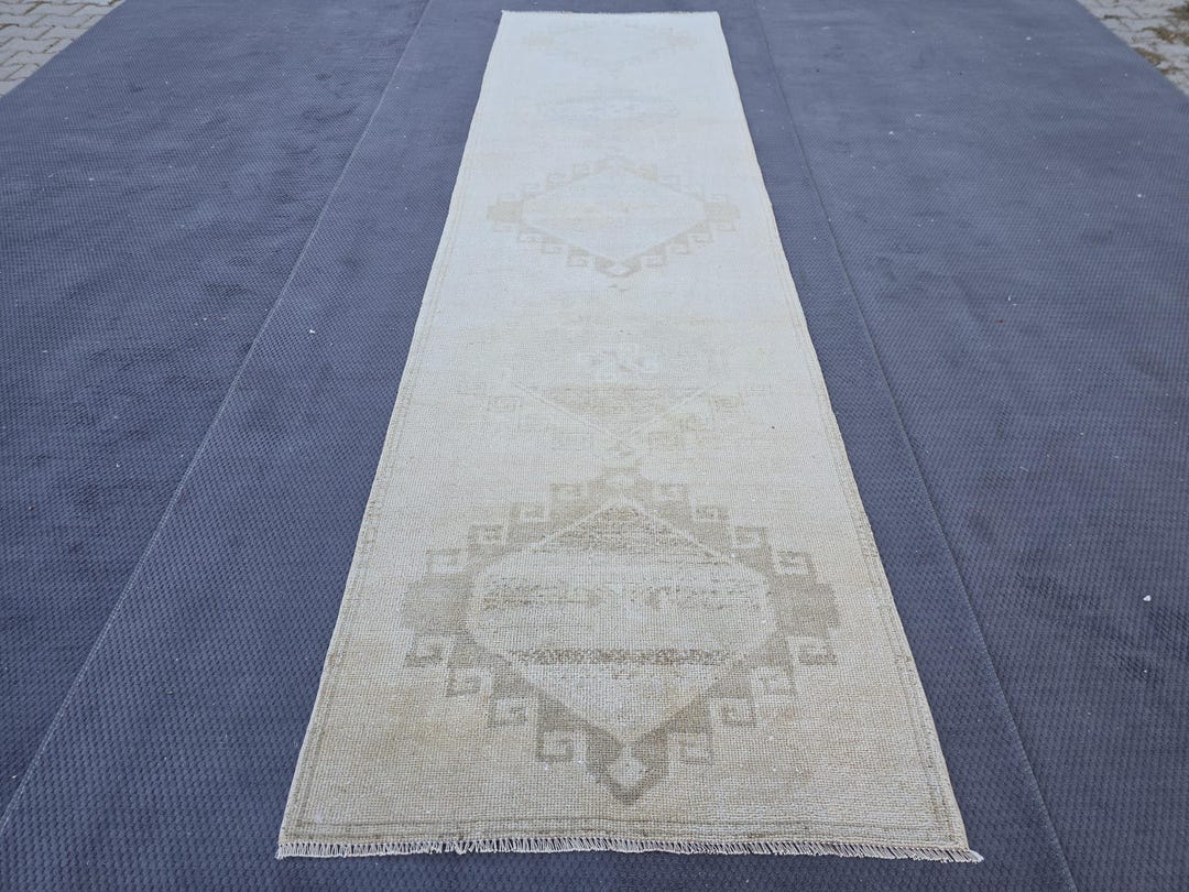 Beige Antique Runner, Blush Vintage Rug , 3.08'x11.19' Faded Anatolian ...