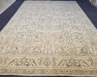 Tapis Oushak neutre, tapis turc 9'x12', tapis Oushak surdimensionné, tapis en laine vintage - élégance intemporelle avec des motifs floraux