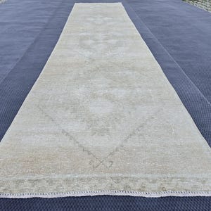 Neutral Oushak Runner, 3.28x14.11 feet Vintage Runner Rug, Vintage Wool Rug, Rug For Entryway, Oushak Runner Rug, FREE SHIPPING