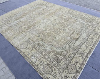 Large Brown Vintage Rug, 9.58 x 12.24 feet Heriz Pattern Rug, Handmade Area Rug, Distressed Wool Rug, Faded Oushak Rug, Living Room Rug
