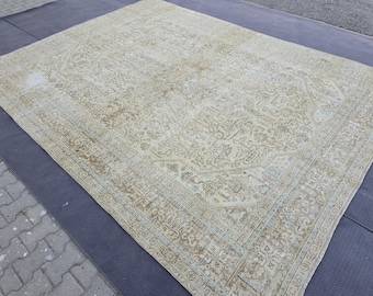 Tapis en laine surdimensionné, 288 x 370 cm, style vintage délavé, grand tapis Oushak, tapis turc neutre, tapis vintage, tapis en laine fait main