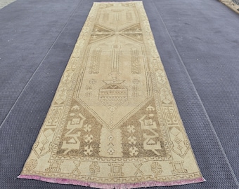 Neutral Runner Rug, 3.18&#39;x11.42&#39; Vintage Wool Runner, Distressed Runner, Handwoven Wool Runner, Neutral Oushak Runner