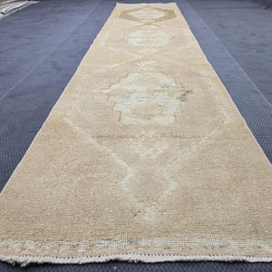 Faded Turkish Runner Rug, 3.08x13.45 feet Oriental Runner, Vintage Oushak Runner, Turkish Design Runner, Rug for Entryway, Vintage Rug