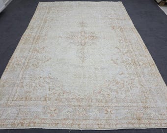 Alfombra Oushak vintage de 7x10, alfombra turca de lana hecha a mano, alfombra de sala de estar en color beige terracota neutro, alfombra de dormitorio en color marfil desgastado de los años 60.