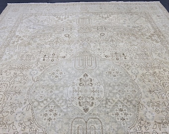 Tapis en laine surdimensionné – Motifs médaillon, floral et oriental | Tapis vintage 9,28 x 12,24 pi, tapis Oushak neutre, tapis en laine turque