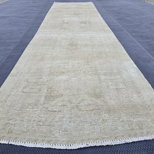 Vintage 1970's Handmade Wool Runner Rug from Turkey - Oriental Pattern - 3.58x13.52 Feet, Faded Turkish Runner, Distressed Rug, Neutral Rug