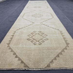 Brown Tones Vintage Runner Rug, 3.12x12.63 feet Faded Vintage Runner, Vintage Oushak Runner, Turkish Design Runner, Rug for Entryway