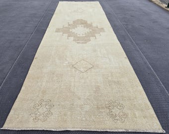 Beige Antique Runner, Neutral Vintage Rug , 3.48&#39;x10.86&#39; Faded Anatolian Runner, Turkish Runner Rug, Neutral Runner, Geometric Design Runner